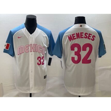 Men's Mexico Baseball #32 Joey Meneses 2023 White Blue World Baseball Classic Stitched Jersey