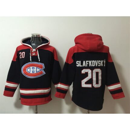 Men's Montreal Canadiens #20 Juraj Slafkovsky Navy/Red  Lace-Up Pullover Hoodie