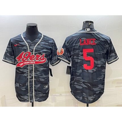 Men's San Francisco 49ers #5 Trey Lance Grey Red Camo With Patch Cool Base Stitched Baseball Jersey