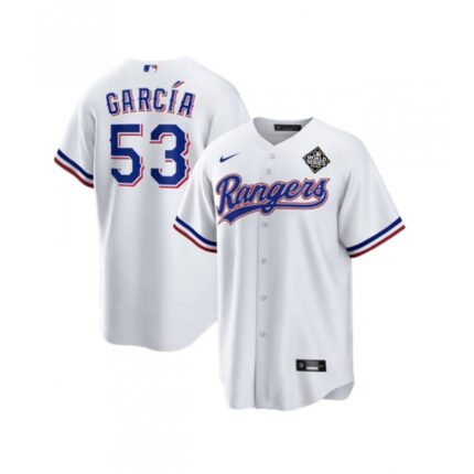 Men's Texas Rangers #53 Adolis Garcia White 2023 World Series Stitched Baseball  Jersey