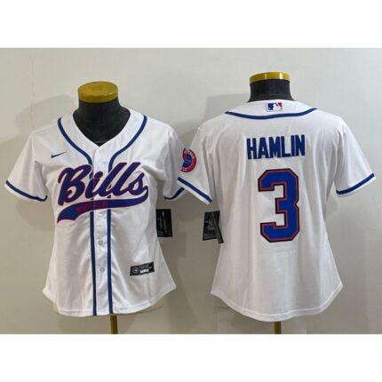 Youth Buffalo Bills #3 Damar Hamlin White With Patch Cool Base Stitched Baseball Jersey